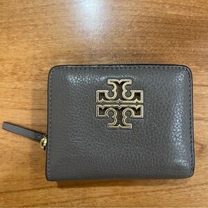 Tory Burch Dark Gray Leather Wallet with Gold Logo
